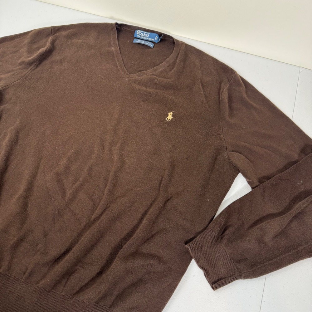 Polo Ralph Lauren Brown Pima Cotton V-Neck Sweater Mens XXL Embroidered Pony